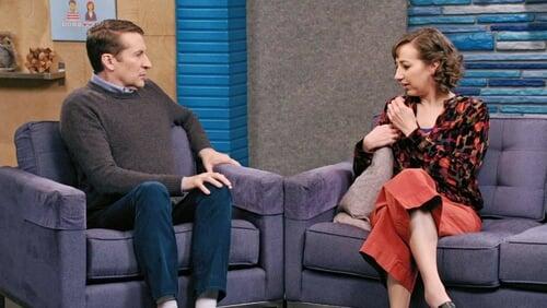 Kristen Schaal Wears Strawberry Colored Pants and a Multicolored Shirt