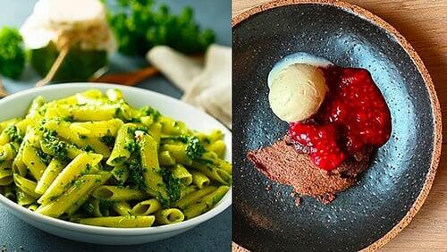 Penne au pesto basilic & Moelleux au chocolat, glace vanille