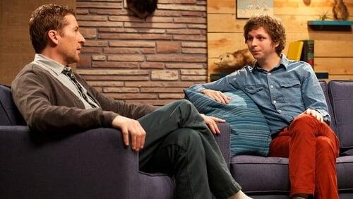 Michael Cera Wears a Blue Denim Shirt & Red Pants