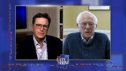 Stephen Colbert from home, with Bernie Sanders, Brandi Carlile