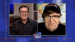 Stephen Colbert from home, with Michael Moore, Brett Eldredge