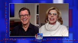 Stephen Colbert from home, with Christine Baranski, Ellie Kemper, Paul F. Tompkins